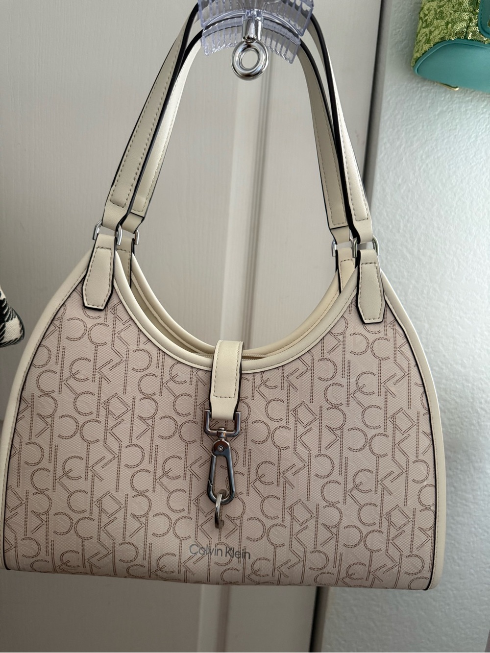 NWOT Calvin Klein Cream Monogram Top-Handle Shoulder Bag with matching wallet